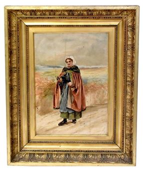 woman in period costume walking on shore with grasses and reeds - Peter G. S. Leslie