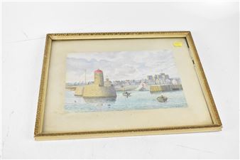 watercolour depicting rowboats on calm waters coming into dock - L. Stowell