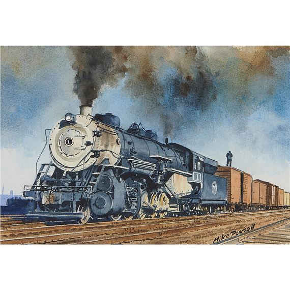 A watercolor painting of a steam locomotive pulling freight cars along tracks under a cloudy sky.