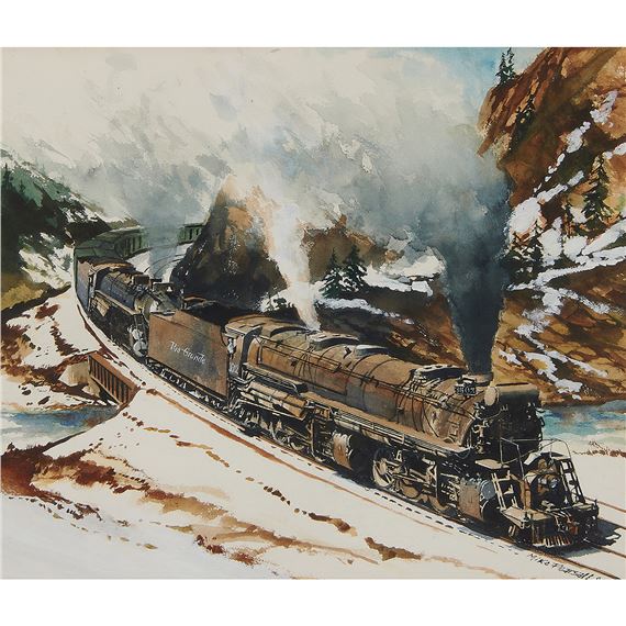 A steam train navigating a snowy mountain pass in a watercolor painting.