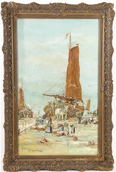 Bomschuit op het strand met figuren. - G. Temming