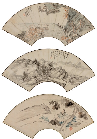 Artwork by Ren Xun, Gu Xijin, Three Painted Fan Leafs, Made of Ink and color on fan leaf