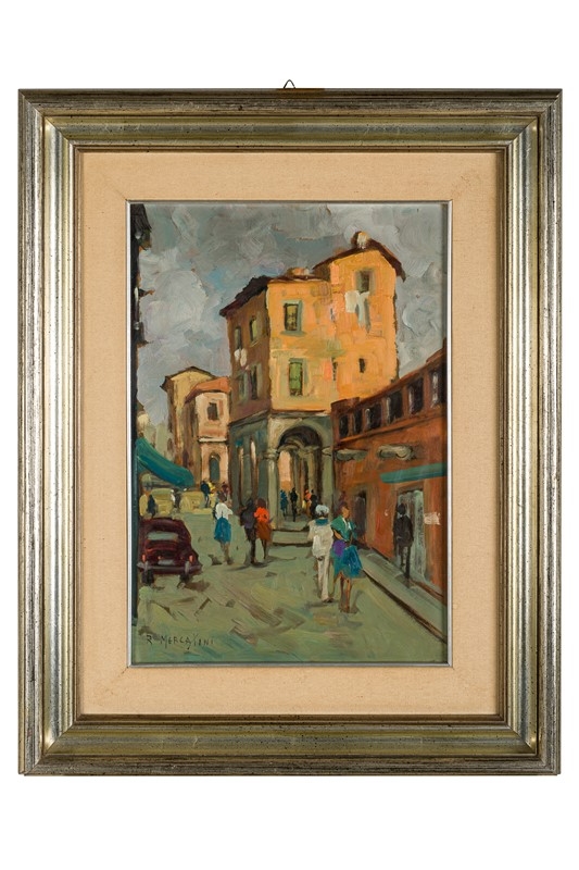 Artwork by Renzo Mercatini, Glimpse of village with figures, Made of oil painting on canvas