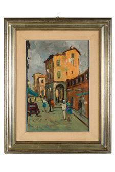 Glimpse of village with figures - Renzo Mercatini