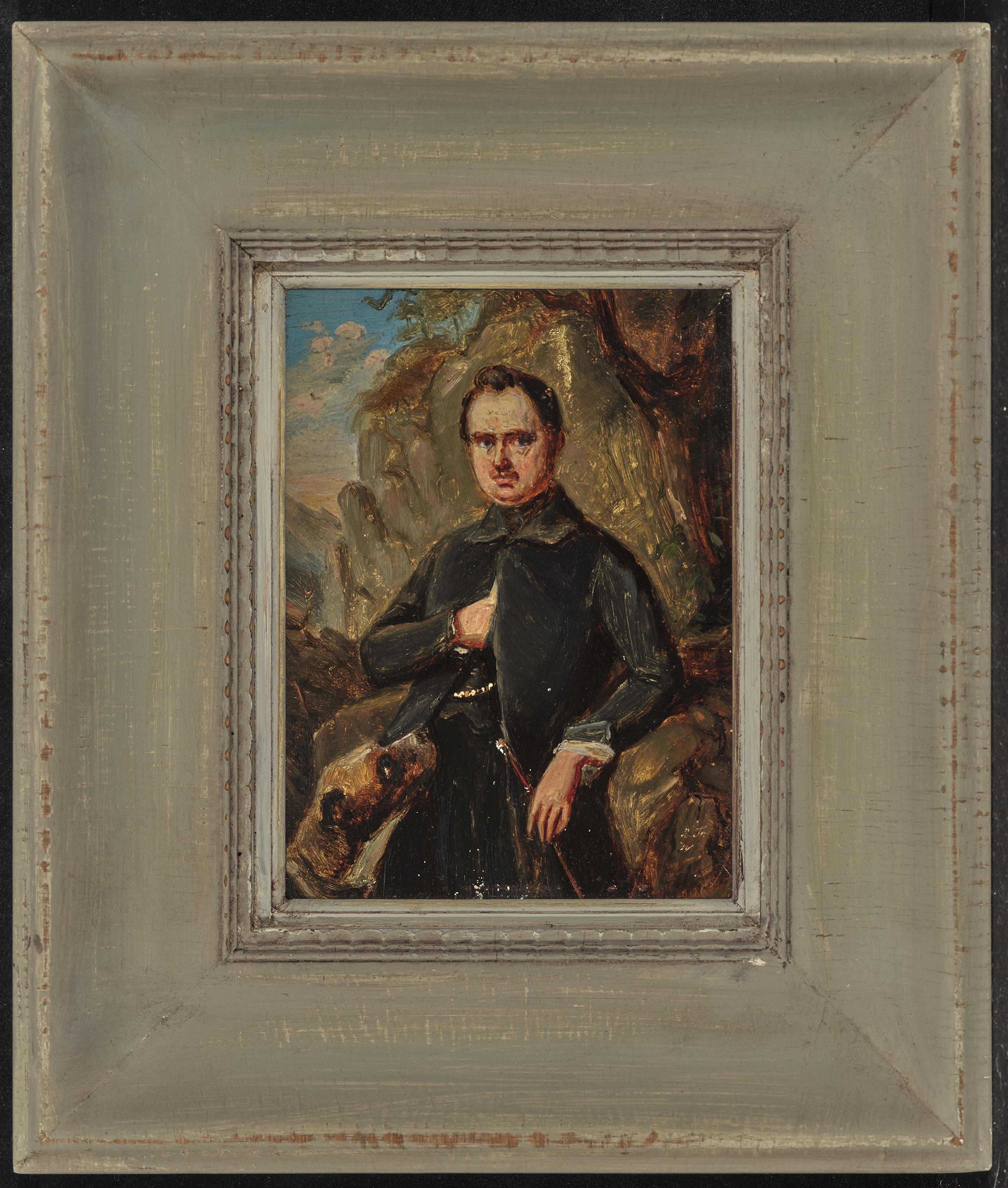 Artwork by Friedrich Wasmann, Bildnis eines Herrn mit Hund, Made of Oil on thin