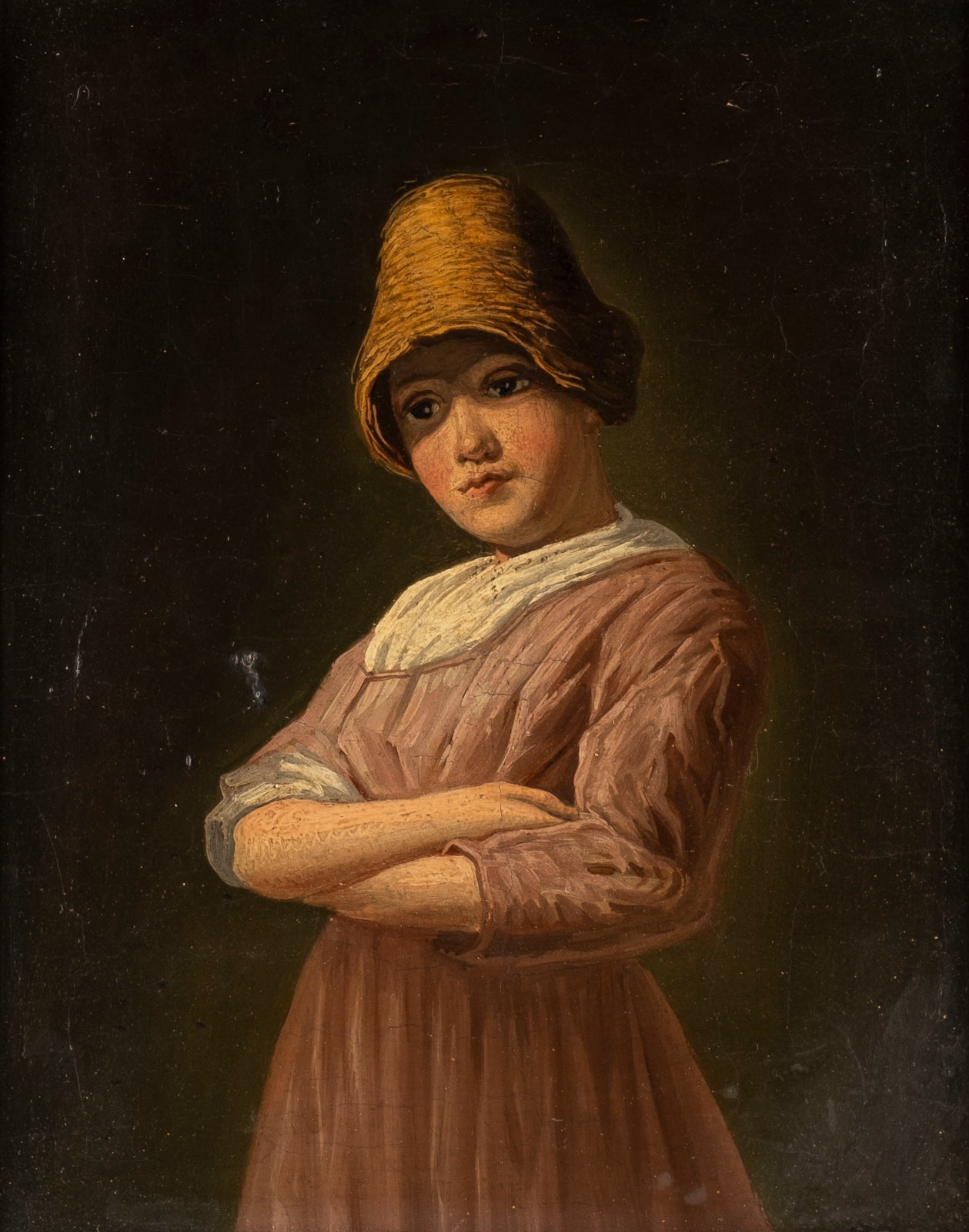 Artwork by J. Meyer, Girl with straw hat, Made of Oil on wooden panel