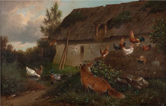 Fox, chicken and ducks by Adolf Nowey