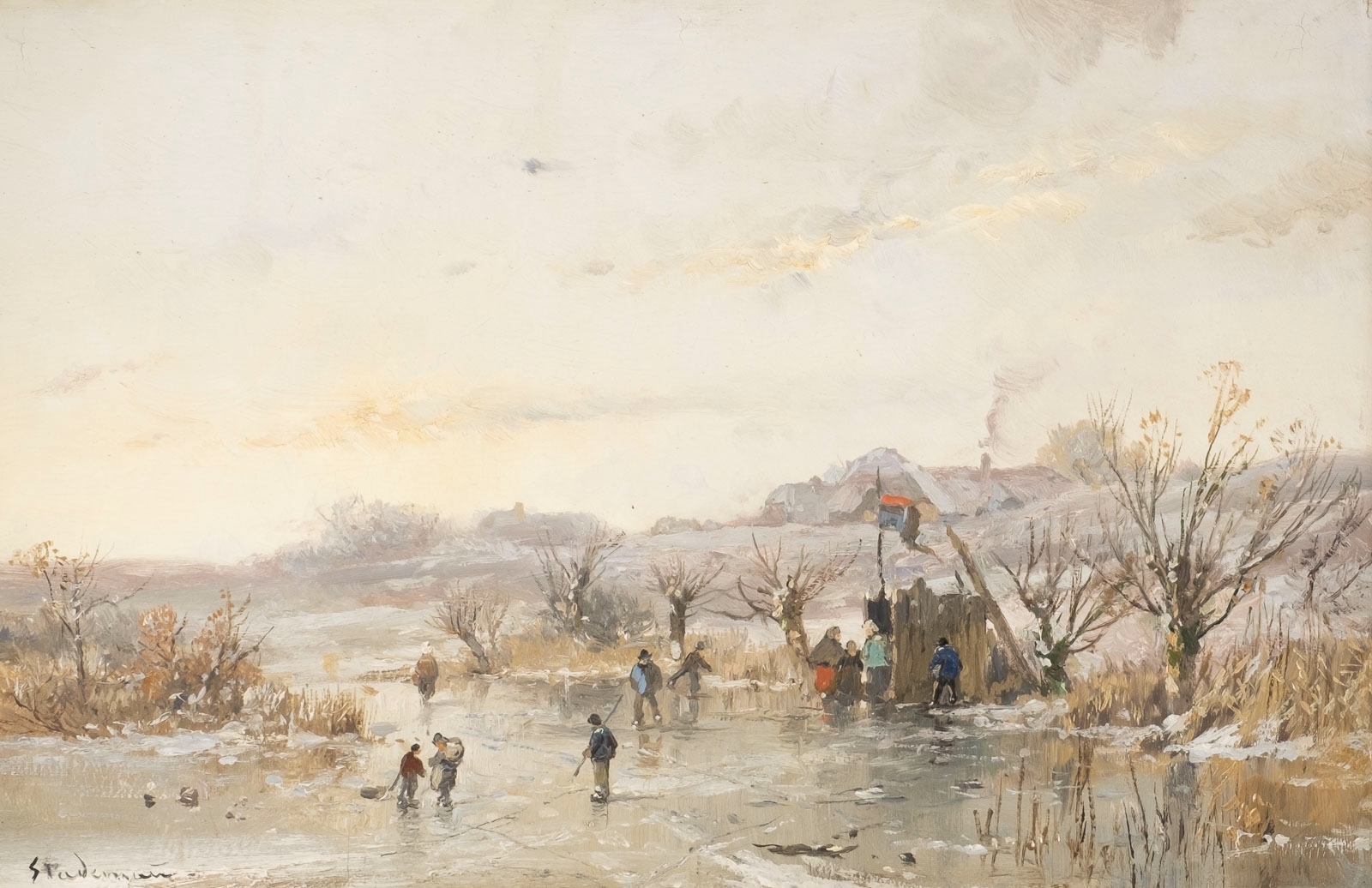 Adolf Stademann | WINTER LANDSCAPE WITH SKATERS ON A FROZEN RIVER ...