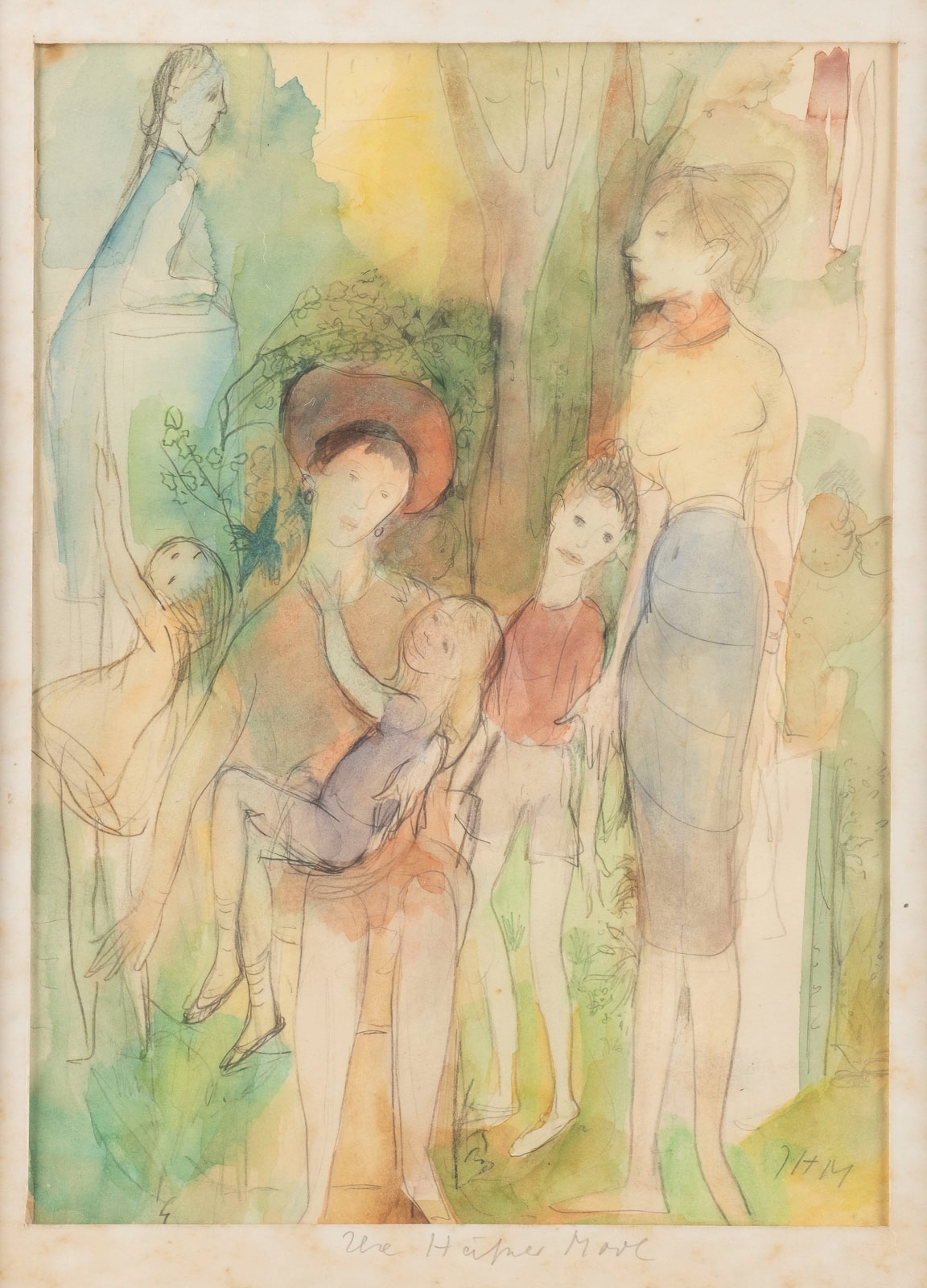 Artwork by Ilse Häfner-Mode, WOMEN AND CHILDREN IN A PARK, Made of Watercolours over pencil on paper