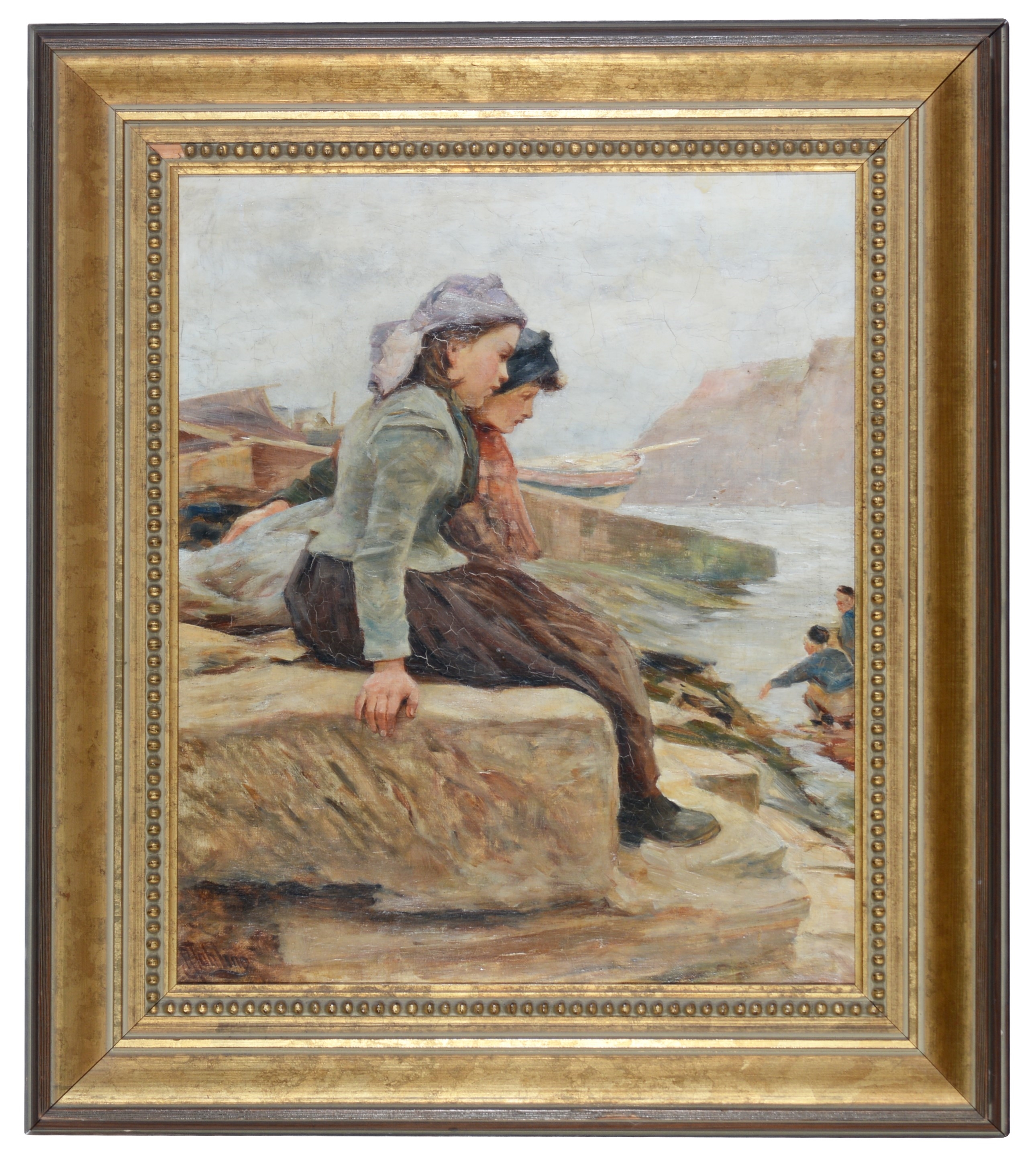 Robert Jobling | Two fishergirls wearing Staithes bonnets, seated on ...