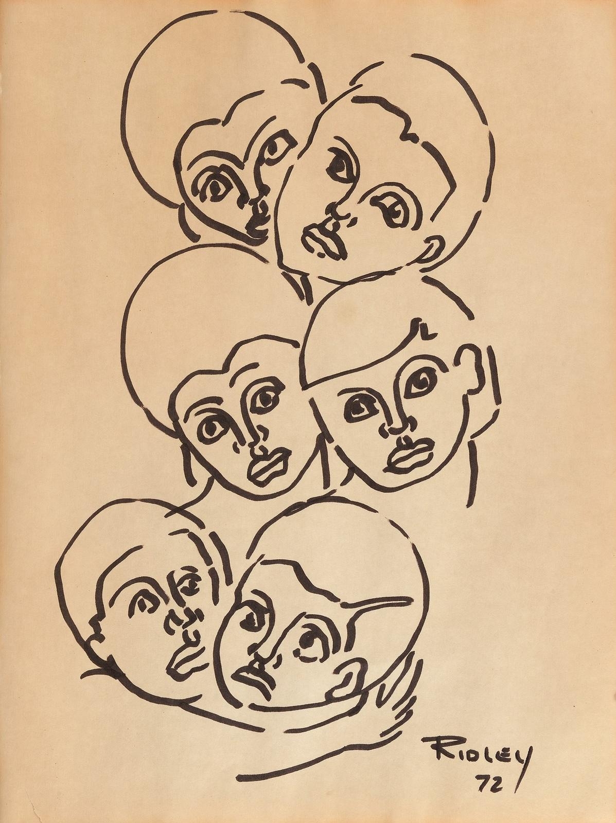 Artwork by Greg Ridley, Six Heads, Made of pen and ink