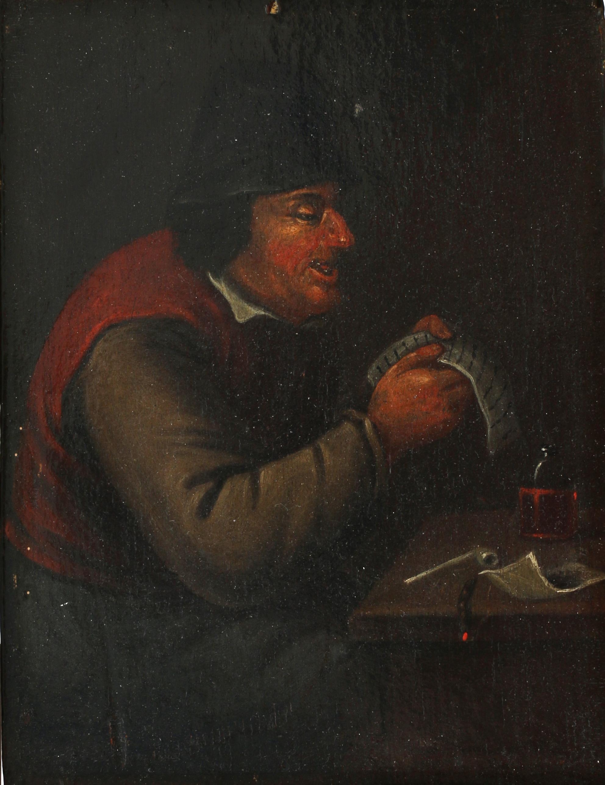 Artwork by Adriaen van Ostade, Smoking man reading at a table, Made of Oil on panel