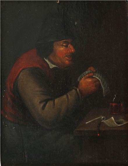 Smoking man reading at a table by Adriaen van Ostade