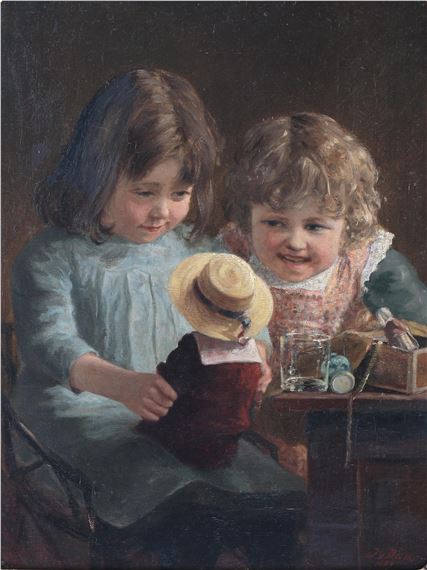 Two children playing with a doll by Jan van Dam, 1889
