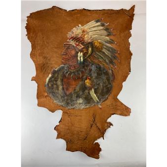 BUFFALO HIDE PAINTING OF MULTNOMAN - C. M. Gilbert