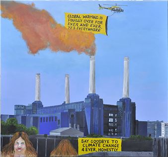 NoPower Station With Two Voluptuous Ladies and a Helicopter With A Big Sign 2017 - Chris Mason