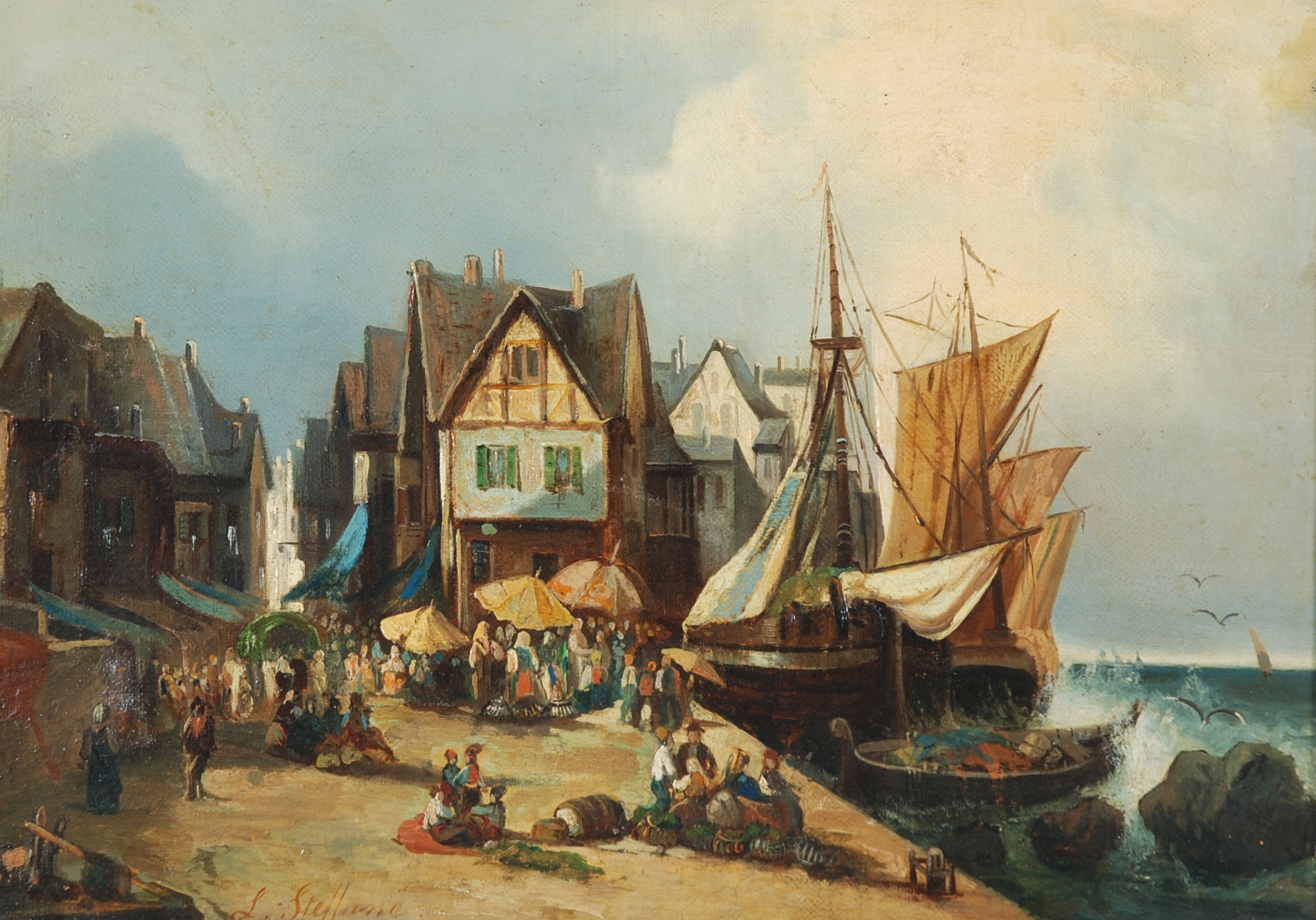Artwork by Luigi Steffani, Veduta portuale di mare con mercato, Made of oil on canvas