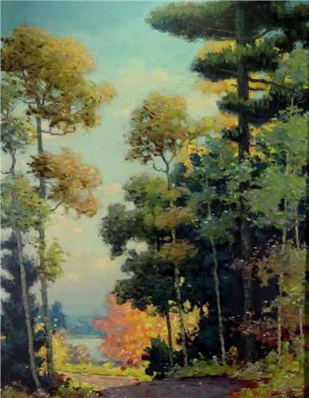 Forest landscape with path leading to a body of water. by Carl Wendell Rawson, 1948
