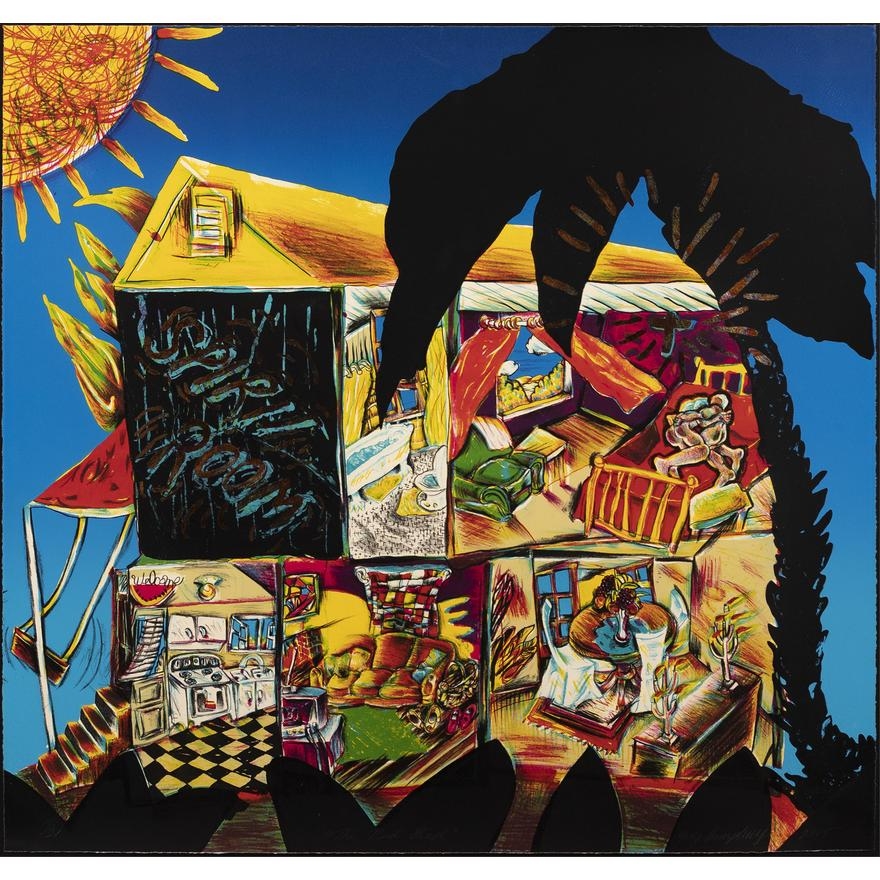 Artwork by Margo Humphrey, The Red Bed, Made of 7 color lithograph with gold leaf addition