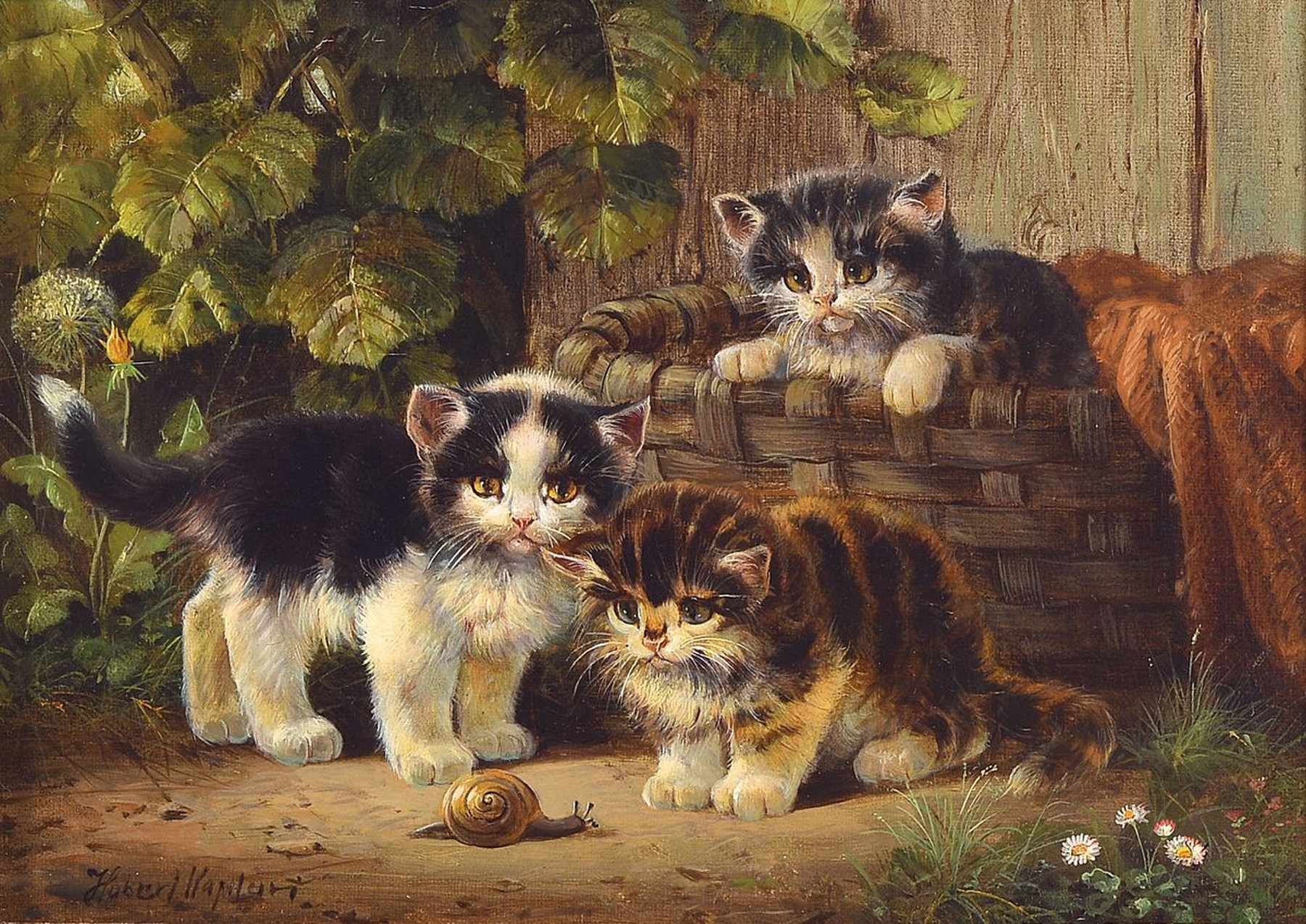Artwork by Hubert Kaplan, three kitten watching a snail eine Schnecke, Made of oil/wood