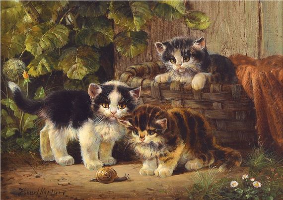 three kitten watching a snail eine Schnecke by Hubert Kaplan