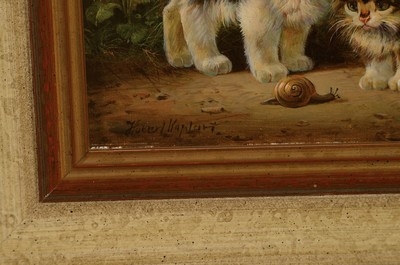 Artwork by Hubert Kaplan, three kitten watching a snail eine Schnecke, Made of oil/wood