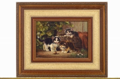 Artwork by Hubert Kaplan, three kitten watching a snail eine Schnecke, Made of oil/wood