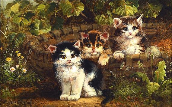 drei kitten looking from the basket by Hubert Kaplan