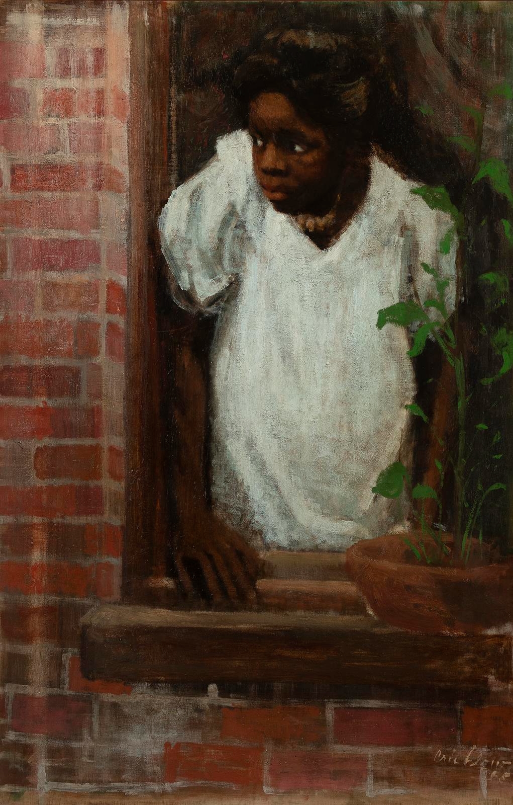 Artwork by Ernest Crichlow, Girl at Window, Made of Oil on masonite