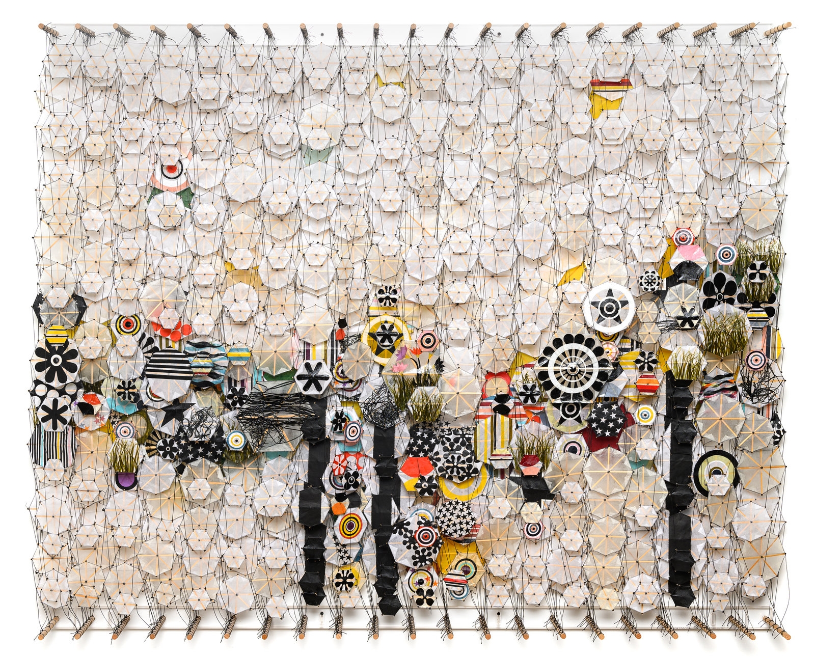 Artwork by Jacob Hashimoto, Glossolalia III, Made of acrylic, cotton, Dacron, paper and wood