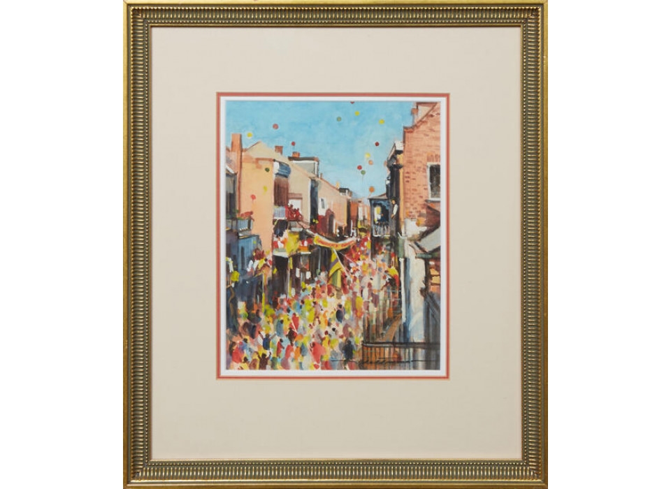 Artwork by Alan Flattmann, Mardi Gras on Royal Street, Made of watercolor on paper