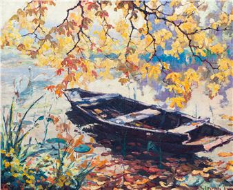 Sunlit riverbank with a sloop - Jean Stevan