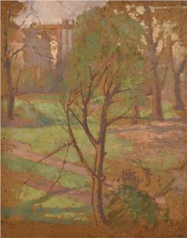 A soft-focus landscape painting of a park with trees and distant buildings.