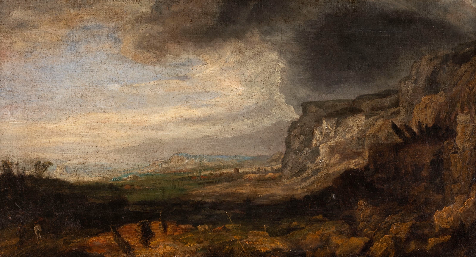 Hercules Seghers | WIDE ROCKY LANDSCAPE IN A COMING THUNDERSTORM ...