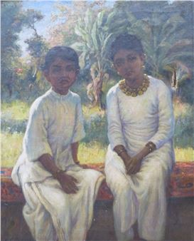 Portrait of two children with banana grove beyond - Constance Copeman