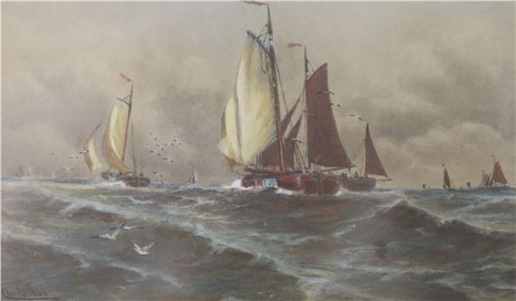 Fishing boats at sea by Charles Frederick Allbon
