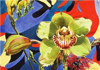 A vivid floral composition featuring a green orchid against an abstract, colorful background.