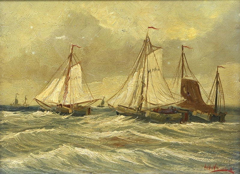 Artwork by Hendrik Willem Mesdag, Fischerboote mit Segeln in aufgewühlter See, Made of Oil on wood