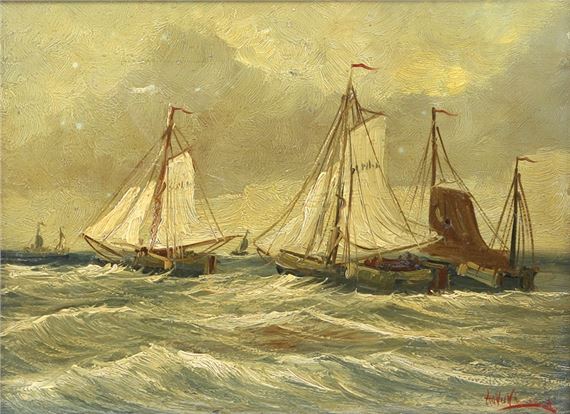 Fischerboote mit Segeln in aufgewühlter See by Hendrik Willem Mesdag