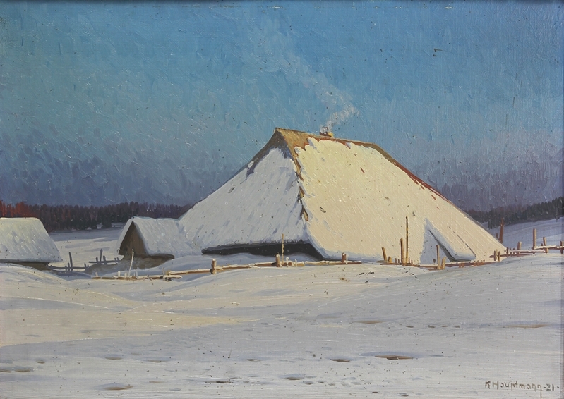 Artwork by Karl Hauptmann, Blick auf verschneite Landschaft mit eingeschneitem Schwarzwaldhof unter klarem, blauem Himmel im Licht der Dämmerung, Made of Oil on cardboard