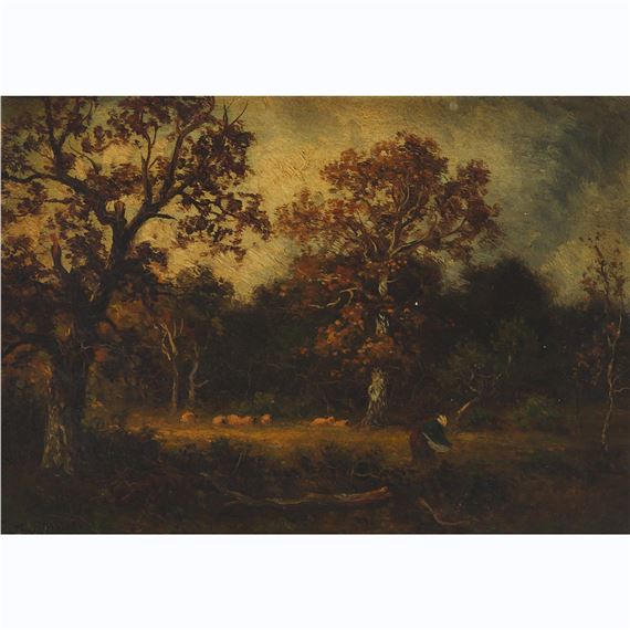 WOMAN GATHERING IN THE FIELD BY GRAZING SHEEP by Thomas Spinks