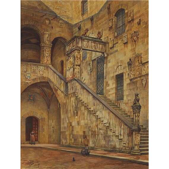 PALAZZO DEL BARGELLO, FLORENCE (A GIRL WITH CATS ON THE STEP), 1887 by Reginald Barratt, 1887