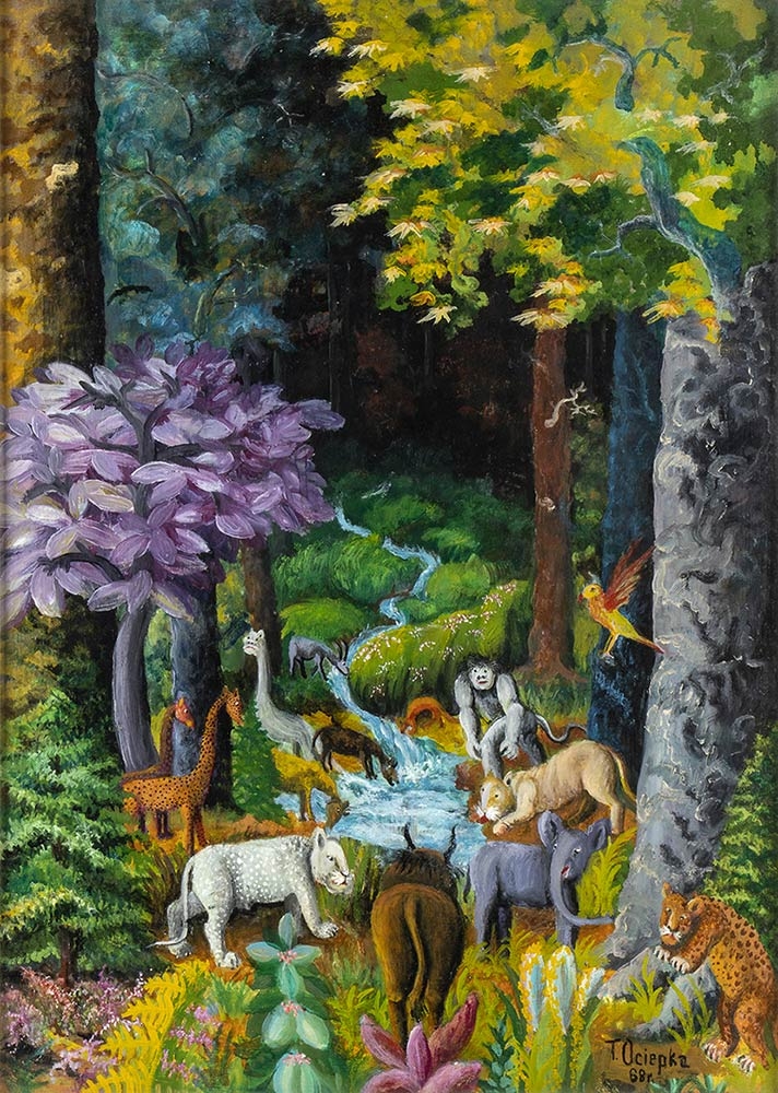 Fantastic scene with animals by Teofil Ociepka, 1968