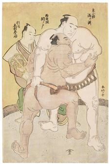 Wrestlers Uzugafuchi and Sekinoto in the ring with referee Kimura Shonosuke - Shunko Katsukawa