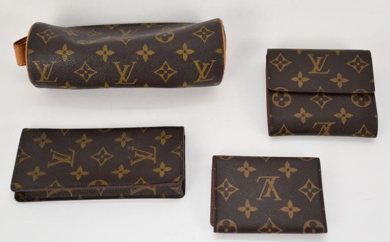Louis Vuitton, Four Louis Vuitton monogram canvas articles including a  zippered pencil case, a wallet with credit card holder and coin pouch, a  glasses case and a business card holder