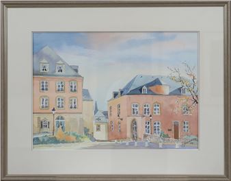 Représentant la place de Clairefontaine avec les bâtiments de Ministère d'Etat et du restaurant Le Clairefontaine - René Spielmann