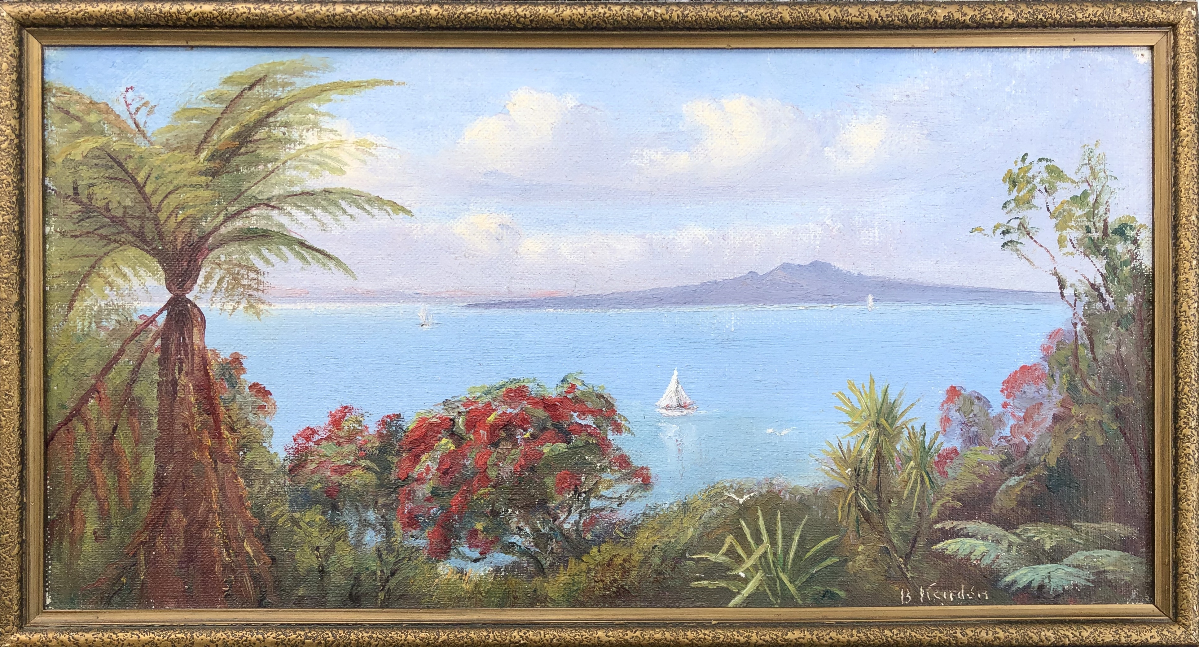 Artwork by Bessie Kendon, Bessie Kendon Blomfield (1880 - 1984), Rangitoto Channel from Campbells Bay, Made of Oil on board