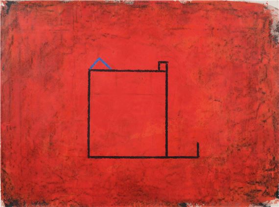 Komposition mit blauem Giebel auf rotem Grund by Bernd Hahn, 1994