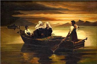 Zwei Nonnen bei der Überfahrt mit Blick auf Frauenchiemsee im Hintergrund - Emil Ebner