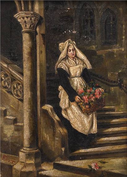 Hausmädchen mit einem Korb mit Blumen in einem prachtvollen Treppenaufgang - Emil Ebner